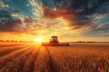 Fototapeta premium A combine harvester collects wheat winter cereals alfalfa grass and hay under a dramatic sunset sky Focused view