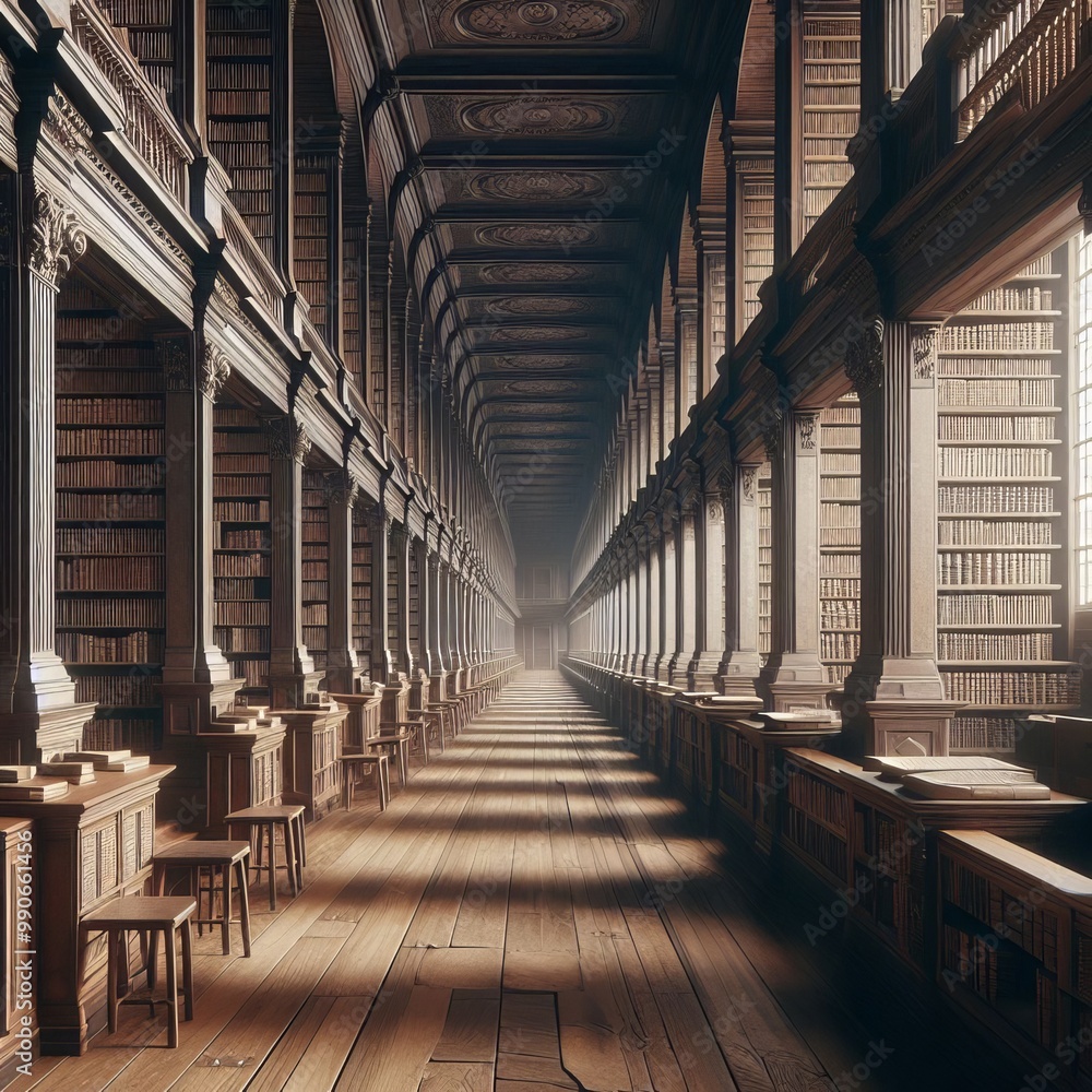 Poster a magnificent view of a historic library featuring endless rows of bookshelves adorned with ornate w