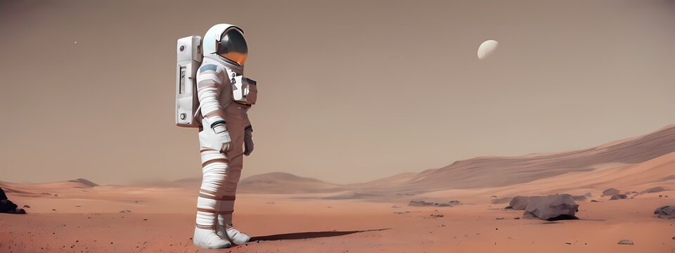 Astronaut on Mars. Martian Landscape Aerial illustration with highly detailed and ultrawide 32:9 aspect ratio