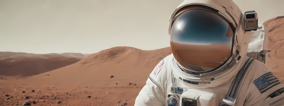 Astronaut on Mars. Martian Landscape Aerial illustration with highly detailed and ultrawide 32:9 aspect ratio