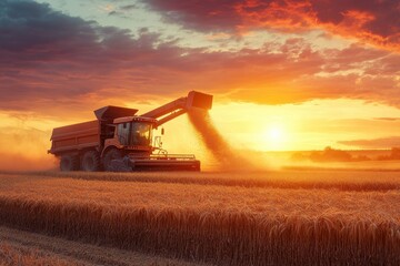 Fototapeta premium A combine unloads wheat into a truck during sunset on a farm