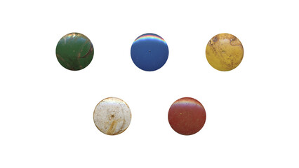 a set of colorful aged circles, rusty stationery tacks in png format, front view, isolated metal push rounded pins on transparent background	
