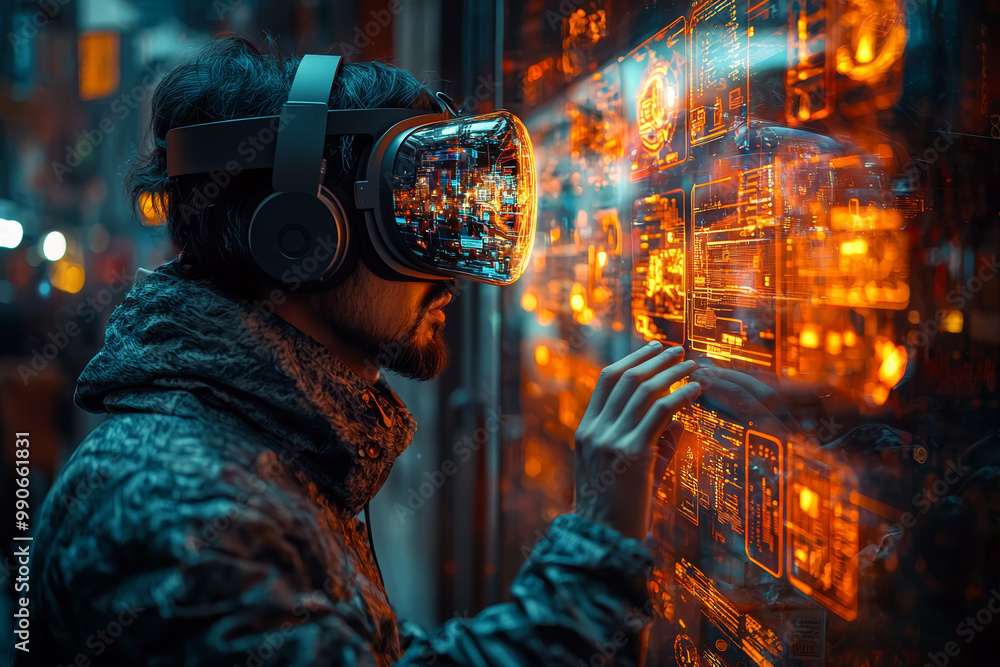Poster a vr user interacting with a digital representation of their real-world surroundings, enhancing thei