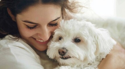 A passionate dog daycare owner lovingly pets a cheerful white dog, creating a heartwarming bond in a safe and lively atmosphere filled with joy and companionship.