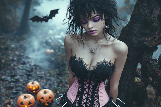 Adult woman in a cute gothic emo Halloween style