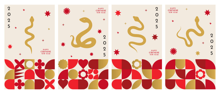 Vector set of Happy Chinese New Year 2025 vertical posters. Backgrounds with a snake and geometric shapes. Vector illustration.