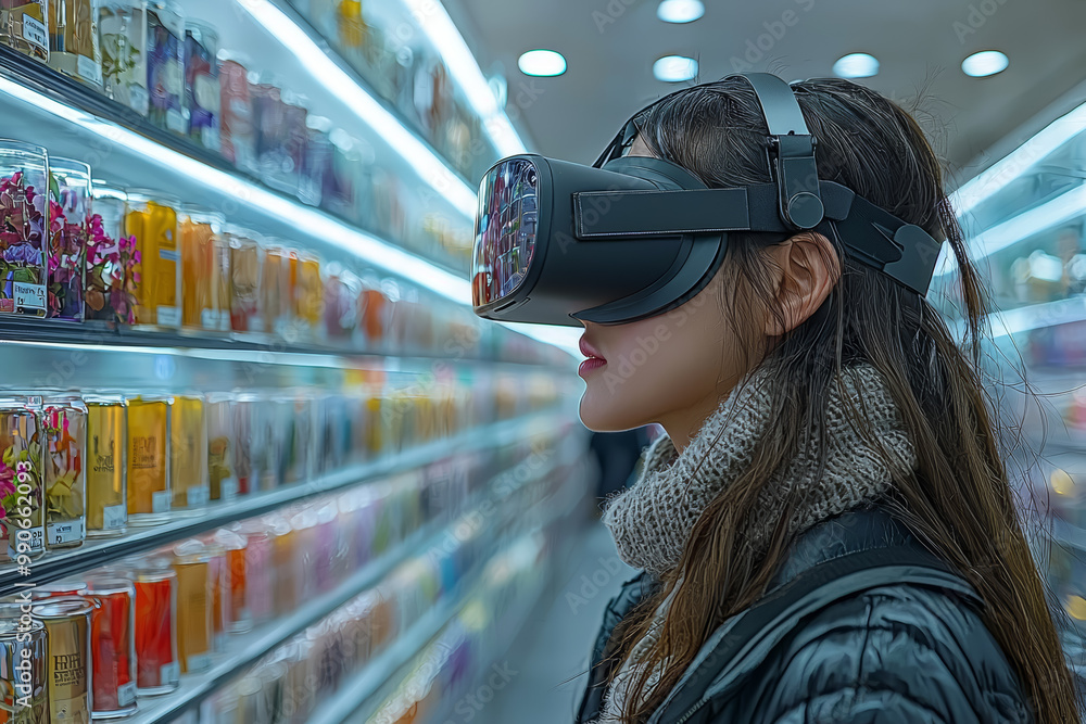 Poster a virtual reality shopping experience with users browsing and purchasing products in a 3d digital st