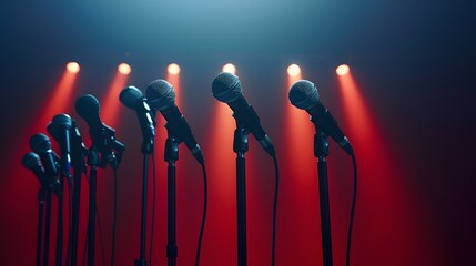 Empty debate stage with multiple microphones under a bright spotlight, ready for a political candidate's speech or business
