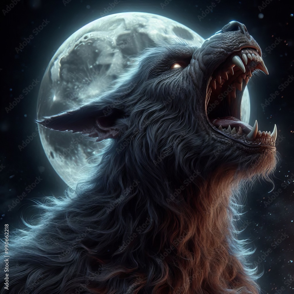 Poster a menacing werewolf stands in profile, howling at a luminous full moon set against a star-filled nig