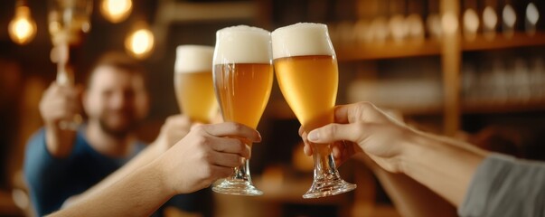 A joyous celebration with friends, clinking glasses of beer in a warm and inviting bar atmosphere.