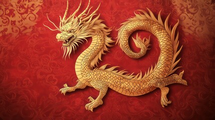Obraz premium Golden dragon with detailed scales and horns on a red background.