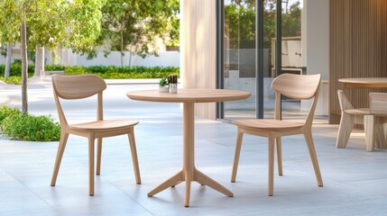 Obraz premium Modern Wooden Chairs and Round Table in Courtyard Setting