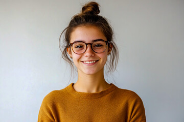 Obraz premium A young woman in her late teens, wearing glasses and a ponytail hairstyle.