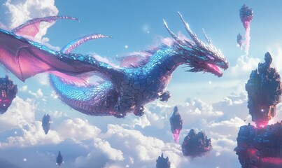 Obraz premium A dragon flies past floating islands.