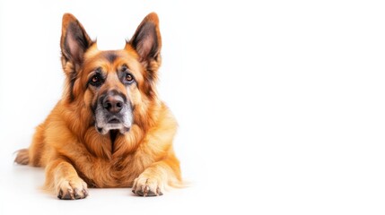 An affectionate elder dog sits sideways, one paw raised, eyes sparkling while looking directly at the camera on a bright white backdrop, showcasing its gentle spirit.