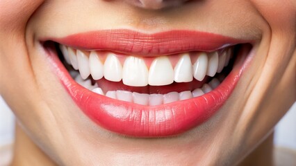 A close-up reveals a beaming smile, with sparkling white teeth and a splash of pink gums, tongue, and