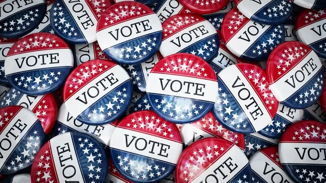 Camera spins and zooms into large stack of vote badges with American flag