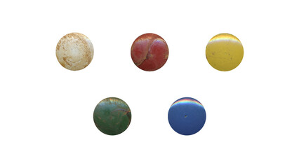 a set of colorful aged circles, rusty stationery tacks in png format, front view, isolated metal push rounded pins on transparent background	
