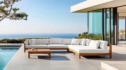 Fototapeta premium Modern Outdoor Sofa with Scenic Ocean View
