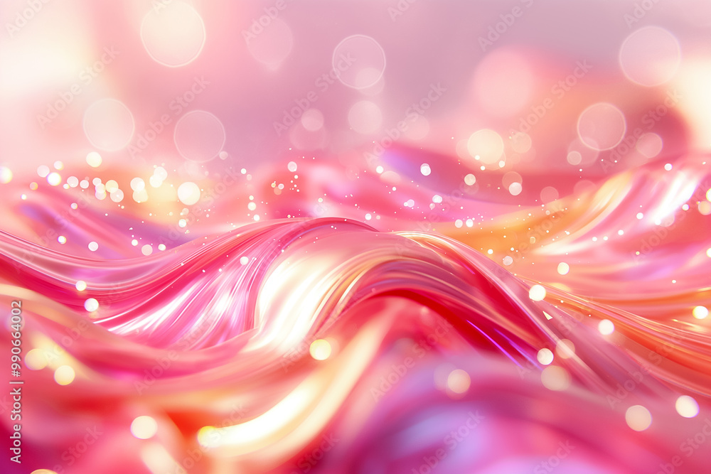 Poster this vibrant abstract design features swirling waves in shades of pink and gold, illuminated by soft