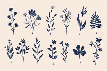 A collection of hand drawn blue floral illustrations arranged in a grid pattern on a light beige background
