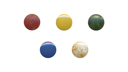 a set of colorful aged circles, rusty stationery tacks in png format, front view, isolated metal push rounded pins on transparent background	
