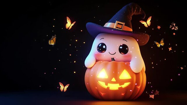 halloween pumpkin with cute ghost. Virtual 4K video animation background with looping time lapse with very smooth graphics.