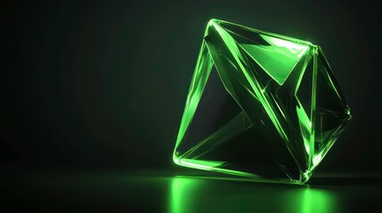 A single green glass diamond sits on a black surface, glowing with light.