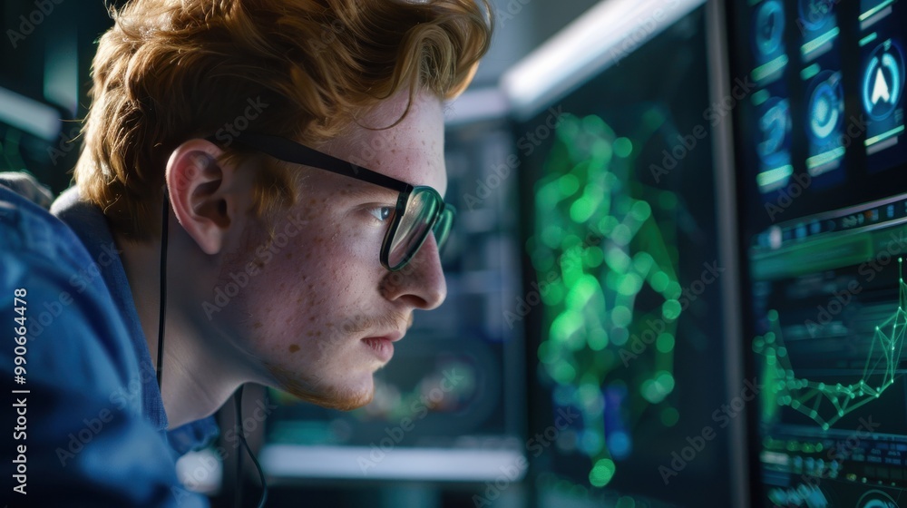 Poster a man with glasses is looking at a computer monitor with a green screen