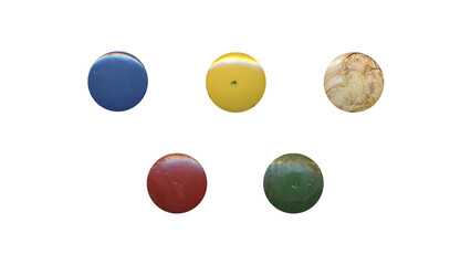 a set of colorful aged circles, rusty stationery tacks in png format, front view, isolated metal push rounded pins on transparent background	
