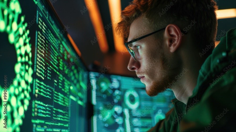Aufkleber a man is looking at a computer screen with green text