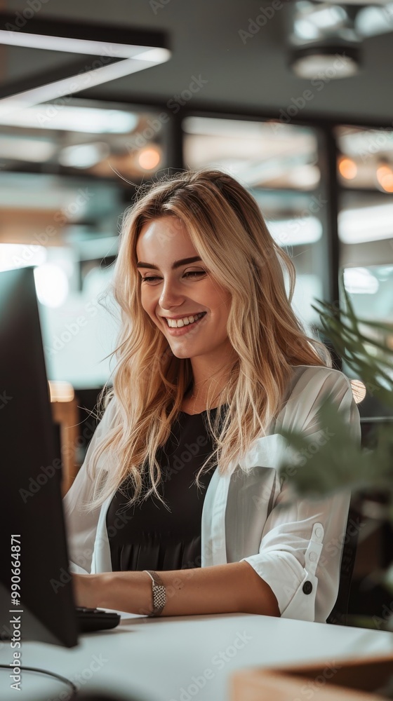 Poster a woman is sitting at a desk with a computer monitor in front of her