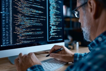 Focused programmer reviewing code on a screen in a dark workspace.