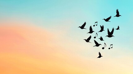 Fototapeta premium Birds flying with musical notes at sunrise