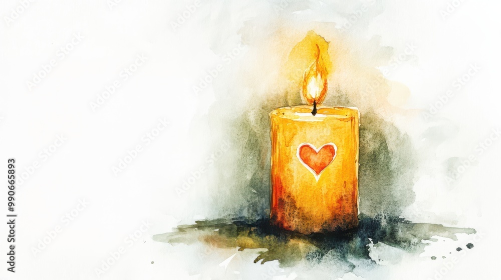 Poster a warm candle with a heart design glowing softly in a serene, artistic background during a calm even