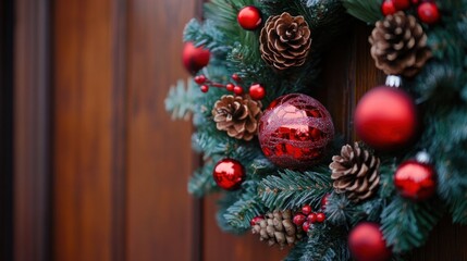 Fototapeta premium Close-up of a decorated Christmas wreath with pinecones, berries, and ornaments hanging on a wooden door.