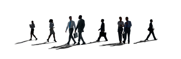 Png business people walking silhouette sticker, transparent background