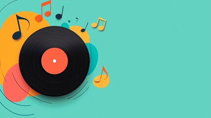 Vinyl record with colorful music notes