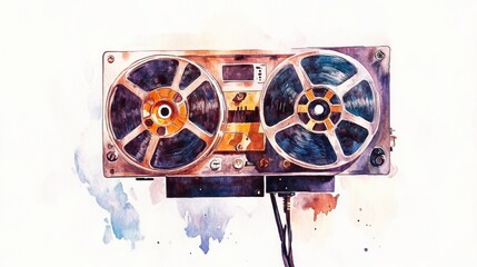 Vintage reel-to-reel tape recorder on a colorful watercolor background showcasing its retro design and musical significance