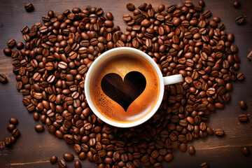 Naklejka premium Espresso coffee cup with coffee beans heart shaped, close up, minimal isolated, ultra realistic coffee espresso, icon, detailed. Cafe product advert. Top view