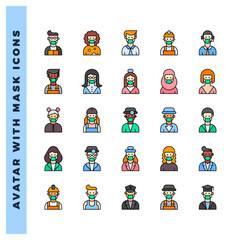 Fototapeta premium 25 Avatars With Medical Masks Lineal Color icon pack. vector illustration.
