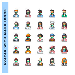 25 Avatars With Medical Masks Lineal Color icon pack. vector illustration.