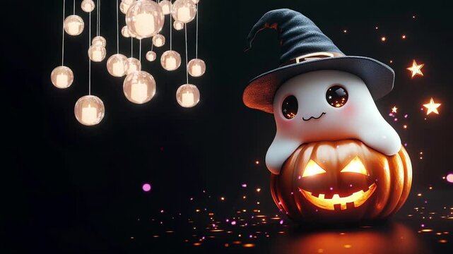 a cute ghost hugging a pumpkin on Halloween. Virtual 4K video animation background with looping time lapse with very smooth graphics.