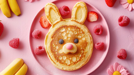 Pancakes decorated on pink background, funny animal happy smile with berry, fruit on plate. American breakfast pancakes, children food, creative kid menu for birthday, party, advert, package. Top view