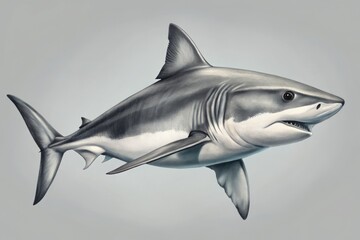 Fototapeta premium * A dynamic black shark cuts through a sea of light gray, its sharp fins and razor-toothed maw