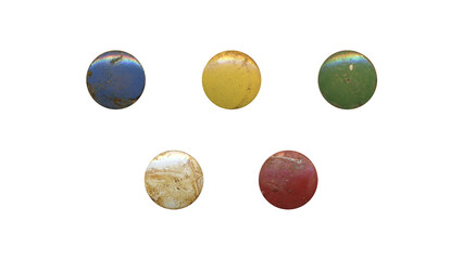 a set of colorful aged circles, rusty stationery tacks in png format, front view, isolated metal push rounded pins on transparent background	
