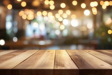 Blank wooden tabletop against a blurred golden cafe backdrop