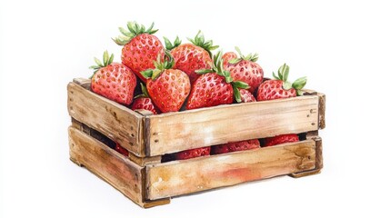 Freshly picked strawberries in a rustic wooden crate on a sunny afternoon