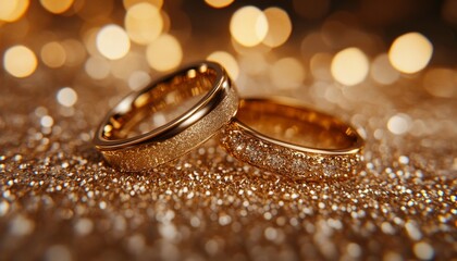 Golden Wedding Rings on Shimmering Gold Glitter with Sparkling Bokeh Lights and Copy Space