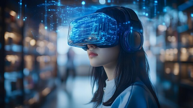 A student wearing a VR headset, immersed in AI learning, with a glowing blue hologram of machine learning algorithms hovering above. Futuristic classroom setting